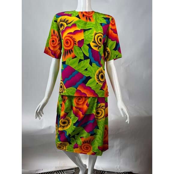Evan-Picone Petites Size 2 & 4 Vintage 90s Acid Green Silk Floral Two-Piece Skir - Picture 16 of 16
